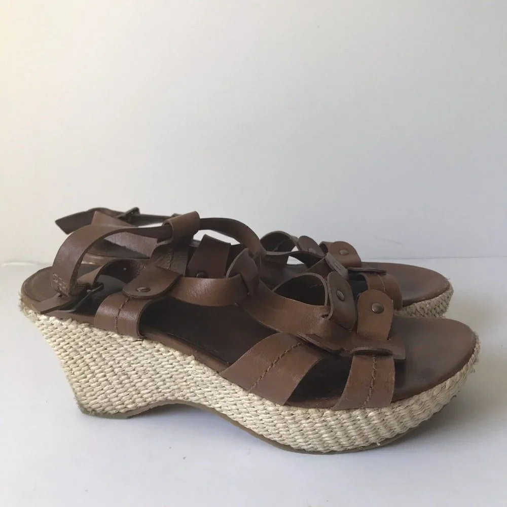 Adelia Brown Leather Espadrille Wedge Sandals Studded Strappy Platform‎ 8.5M